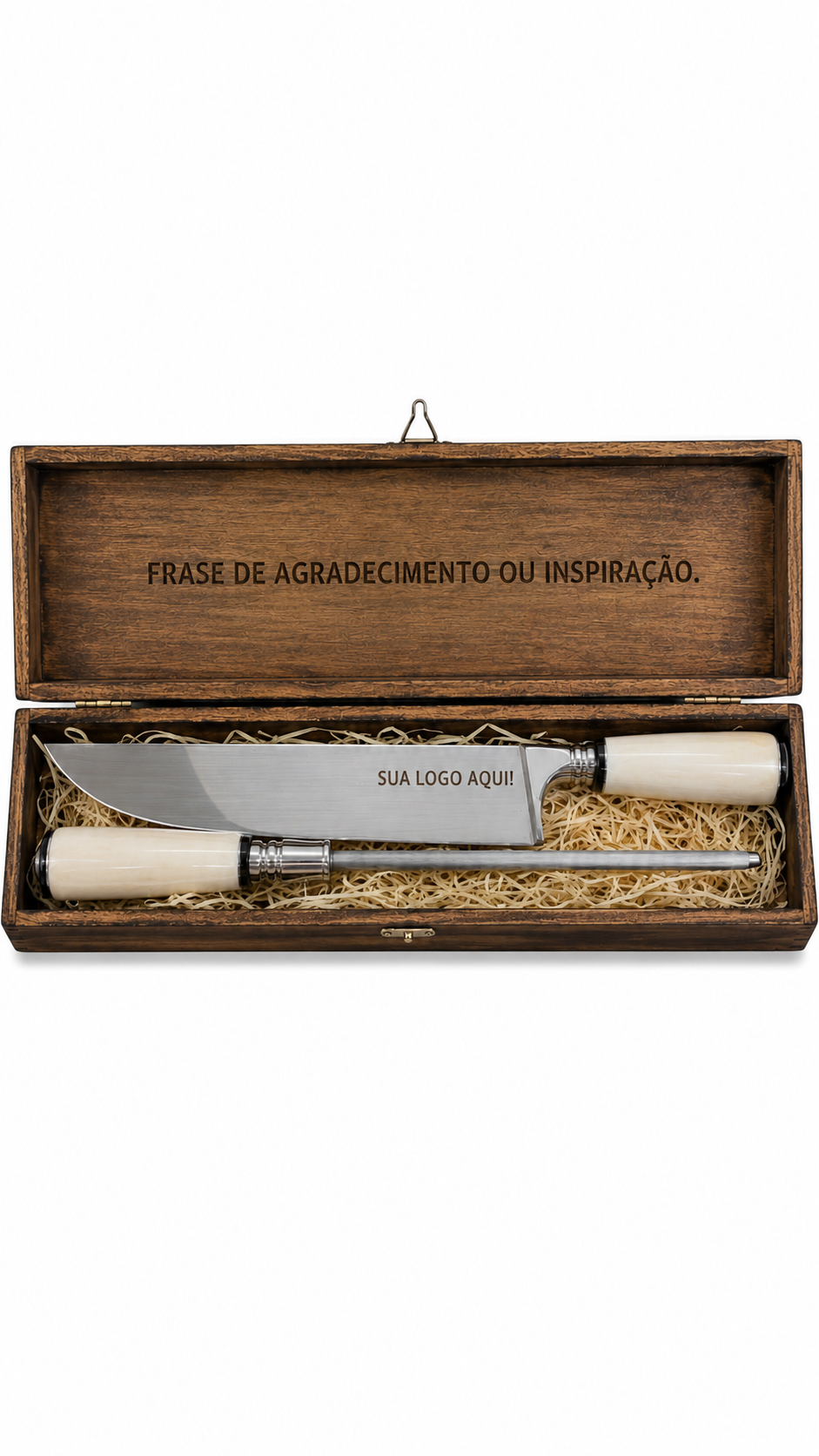 KIT CAIXA MDF + CONJ FACA INOX CABO OSSO 5 unidades